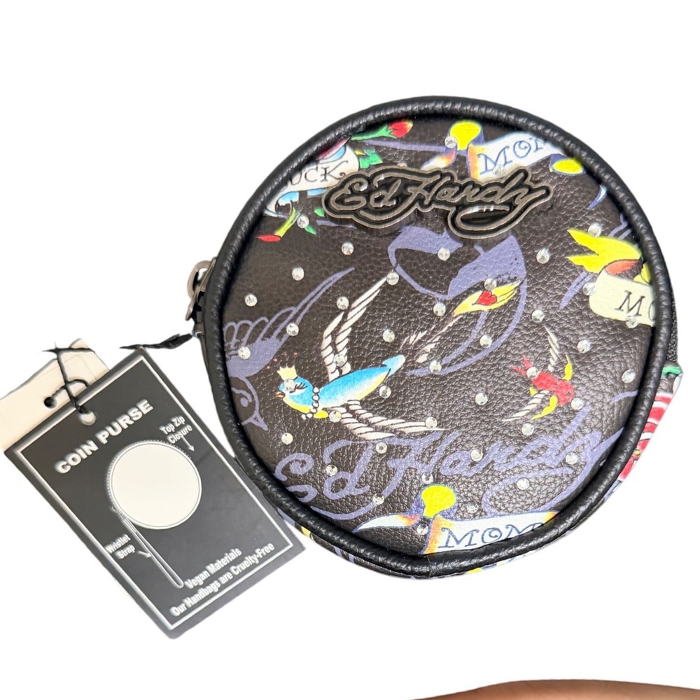 Ed Hardy Coin Purse Womens OS EHW473-26-003 Black Tattoo Art Rhinestone NEW